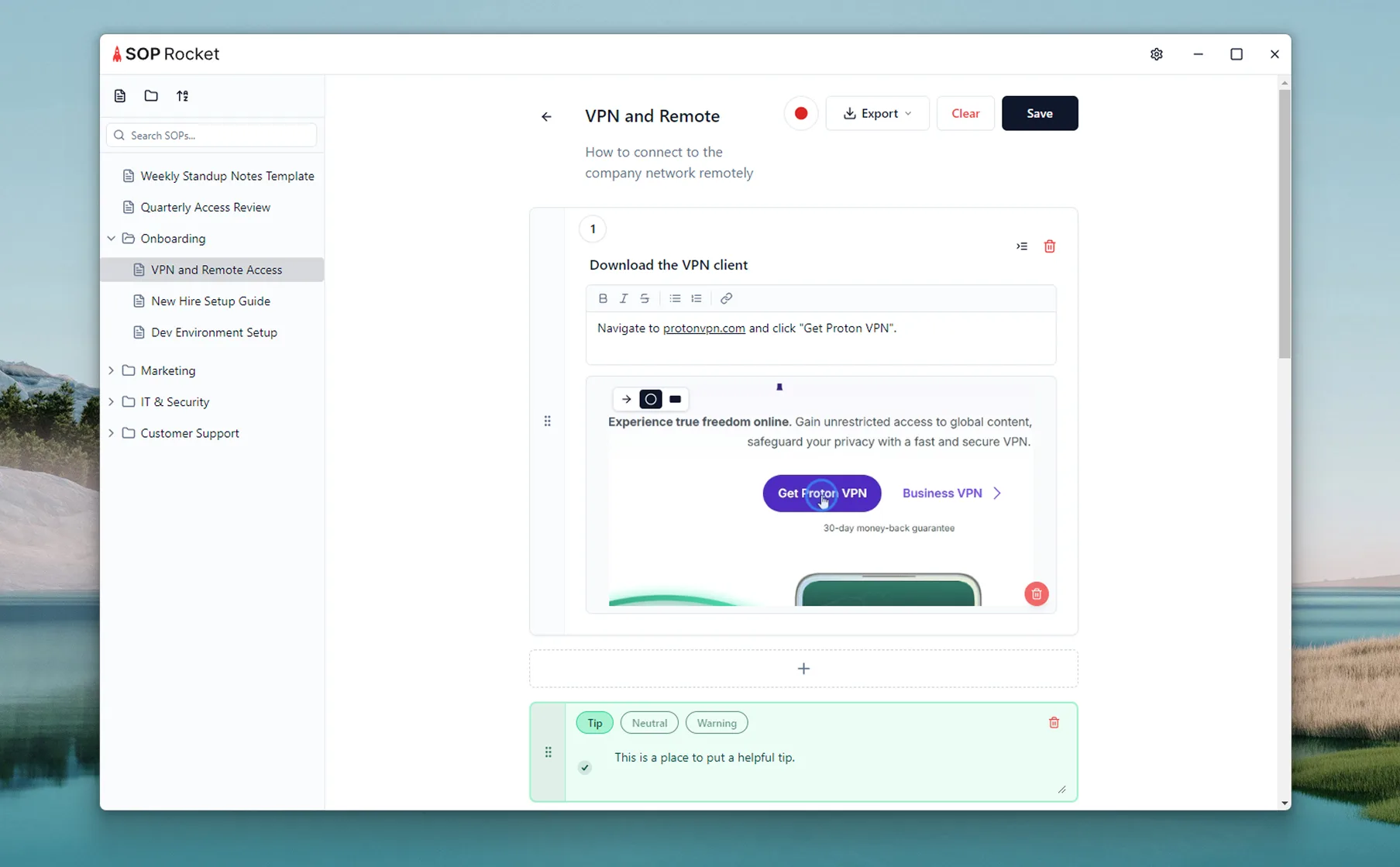 SOP Rocket editor: an Onboarding SOP titled "VPN and Remote" with a numbered step, an annotated screenshot of a VPN signup page, and a green tip callout.